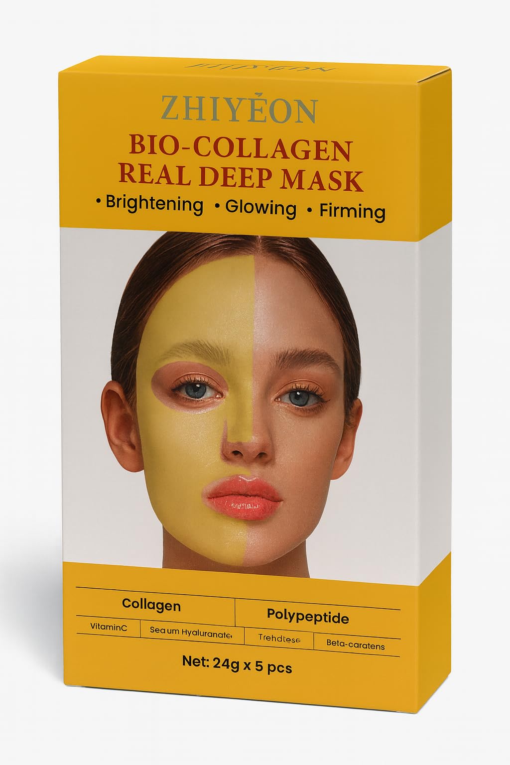 ZHIYEON Bio-Collagen Real Deep Mask, Brightening Hydrogel Face Treatment, 24g, With Vitamin C, Sodium Hyaluronate, Trehalose, Beta-Carotene, Pack of 5