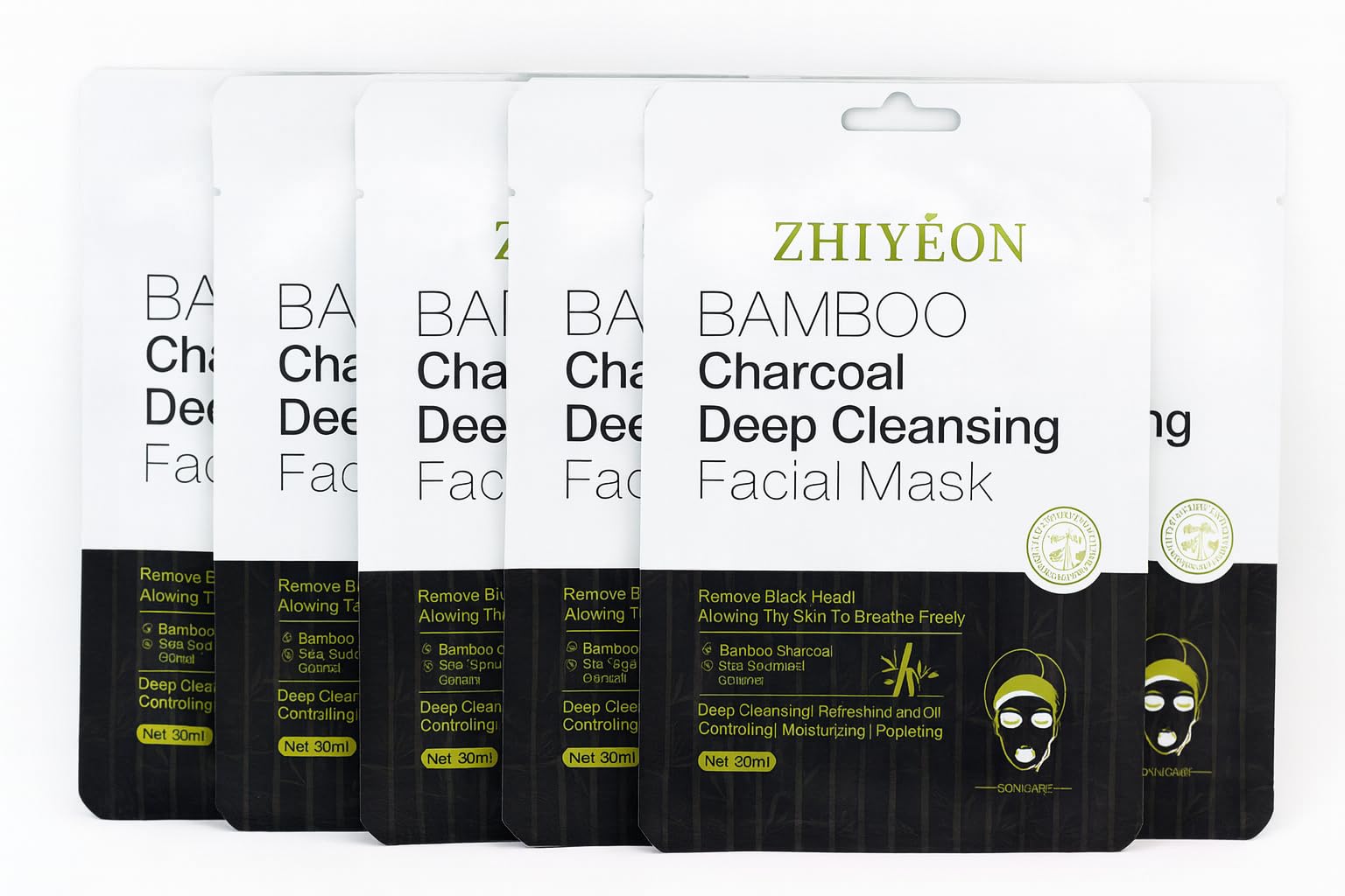 ZHIYEON Bamboo Charcoal Deep Cleansing Facial Mask, Black Head Removal, 30ml, With Green Tea Extract, 15-20 Minutes Treatment, Pack of 5