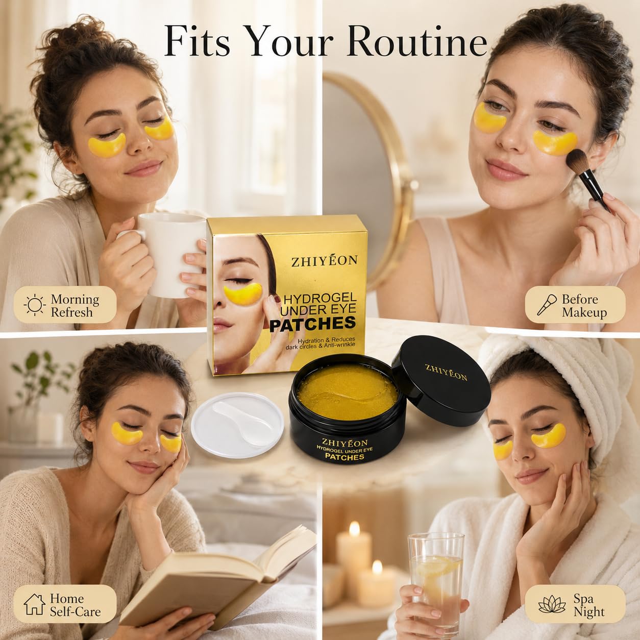 ZHIYEON Gold Hydrogel Under Eye Patches, 60 Count Eye Gel Pads with Collagen & Hyaluronic Acid for Puffy-Looking Eyes, Dark Circles, Fine Lines & Daily Eye Care for Women and Men