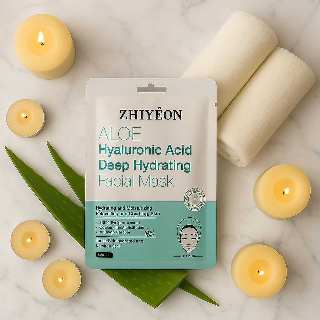 ZHIYEON Aloe Hyaluronic Acid Deep Hydrating Facial Mask, 30ml Sheet Mask with Aloe Vera, Peppermint, Centella Asiatica Extract for Moisturizing, Refreshing, Soothing Dry Skin, Pack of 5