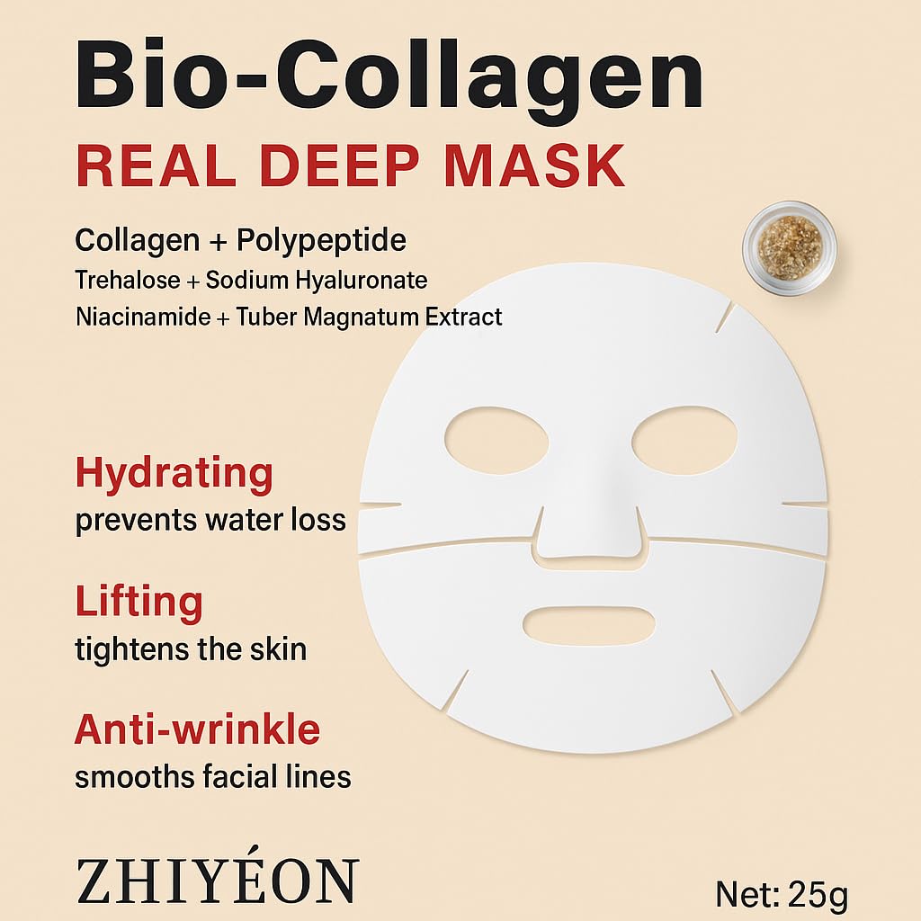 ZHIYÉON Bio-Collagen Real Deep Face Mask with Polypeptide, Sodium Hyaluronate, Niacinamide, Hydrating Lifting Anti-Wrinkle Treatment, 25g, Pack of 5