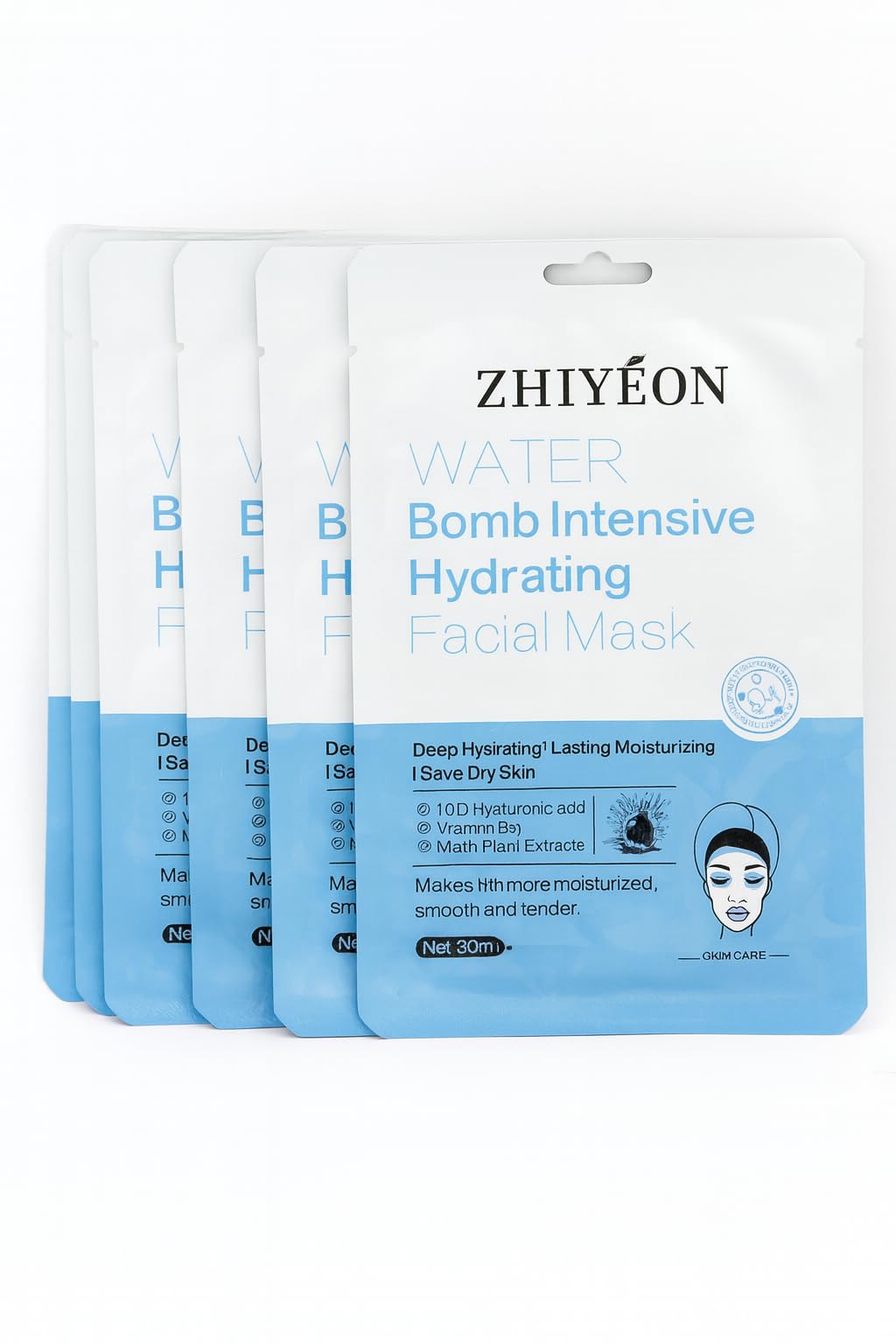 ZHIYEON Water Bomb Intensive Hydrating Facial Mask, Deep Moisturizing Sheet Mask with Hyaluronic Acid, Plant Extracts, 30ml, 5-Pack