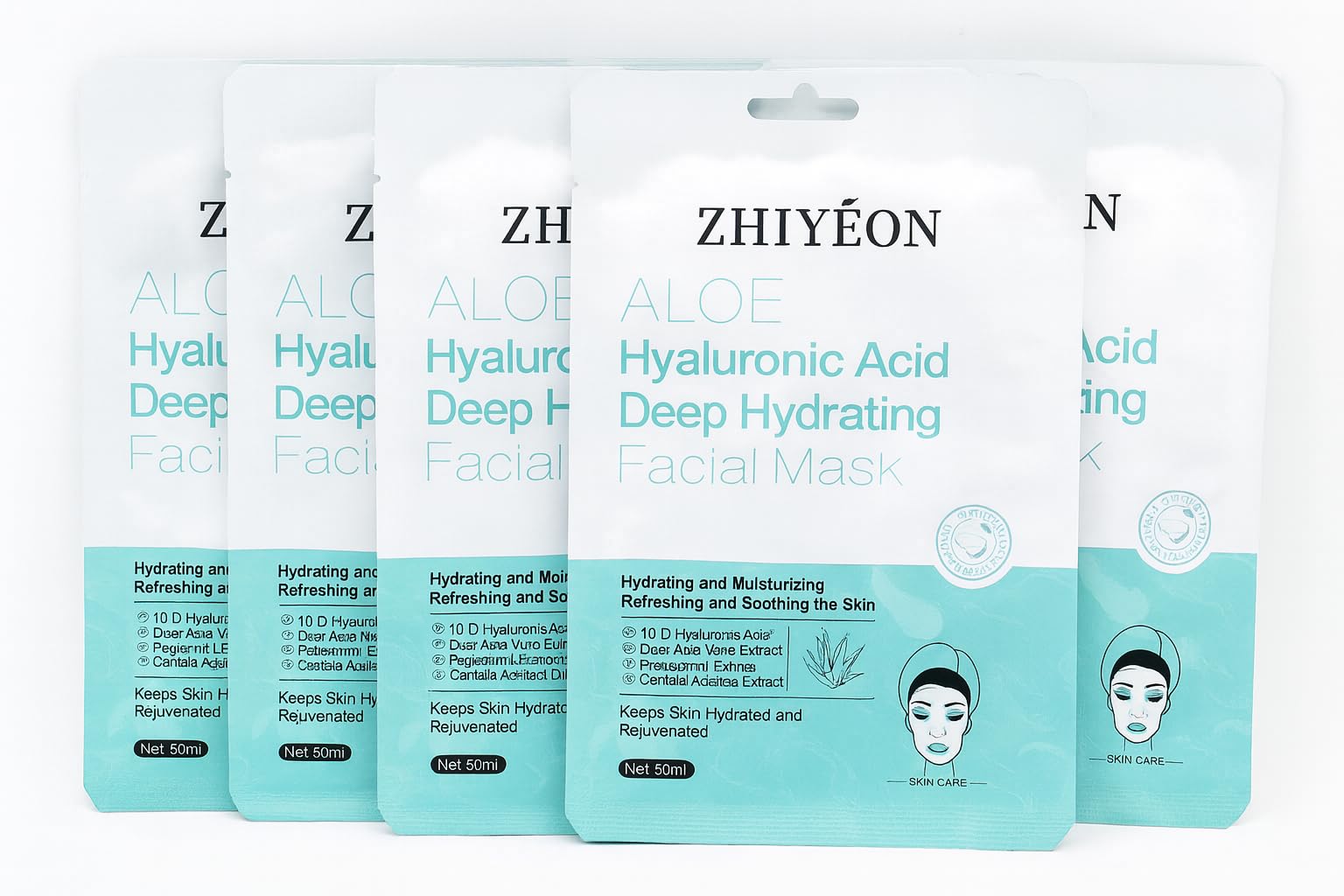 ZHIYEON Aloe Hyaluronic Acid Deep Hydrating Facial Mask, 30ml Sheet Mask with Aloe Vera, Peppermint, Centella Asiatica Extract for Moisturizing, Refreshing, Soothing Dry Skin, Pack of 5
