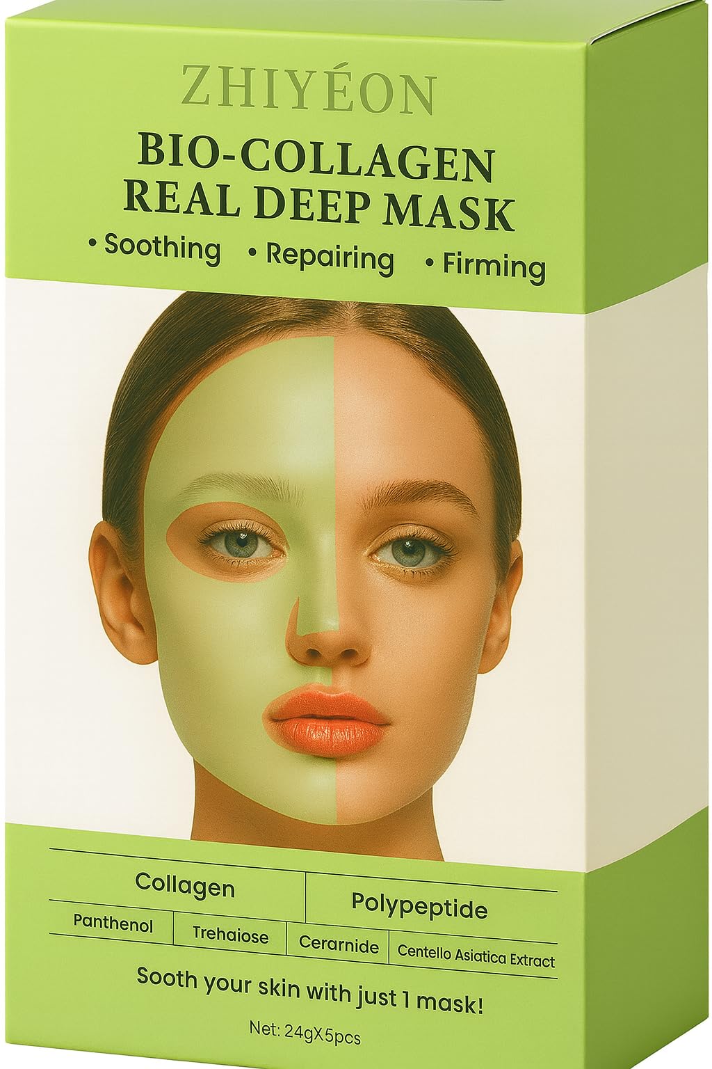 ZHIYEON Bio-Collagen Real Deep Mask, Soothing Hydrogel Sheet, 24g, With Polypeptide and Centella Asiatica Extract, 60 Minutes Treatment, Pack of 5