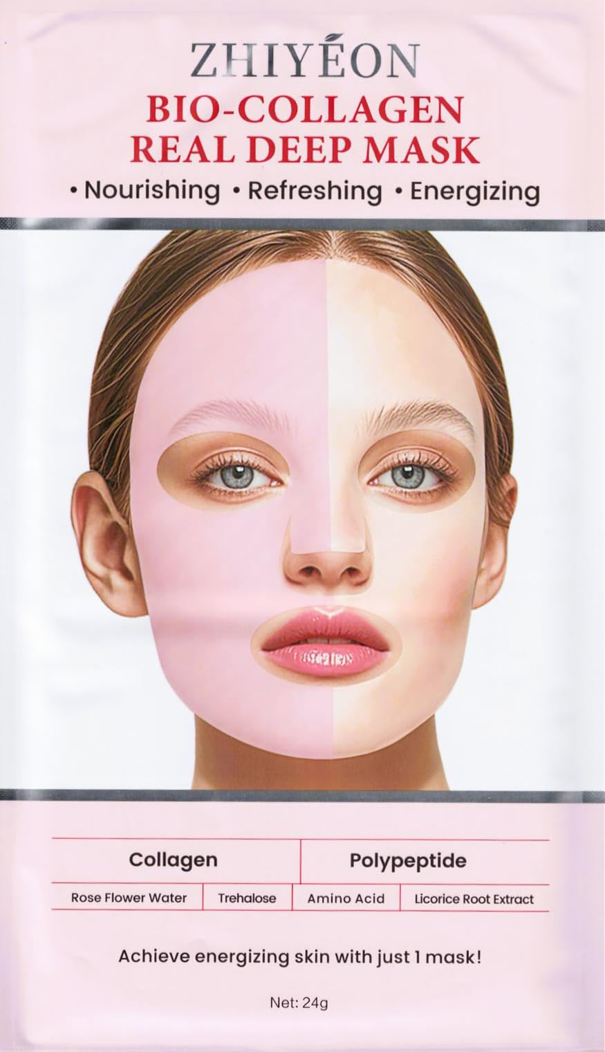 ZHIYEON Bio-Collagen Real Deep Mask, Hydrogel Face Mask with Rose Water and Peptides, Nourishing and Energizing, 24g, Pack of 5