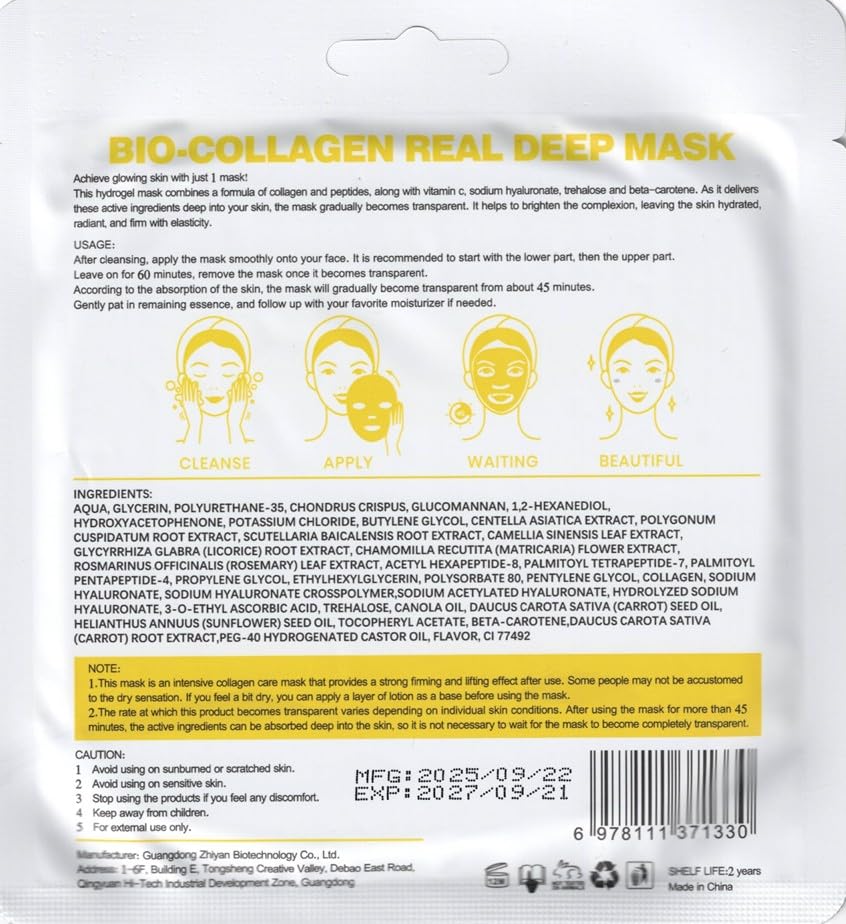 ZHIYEON Bio-Collagen Real Deep Mask, 24g, With Vitamin C and Hyaluronate, Brightening and Firming Face Sheet Mask, 60 Minutes Treatment, Pack of 5