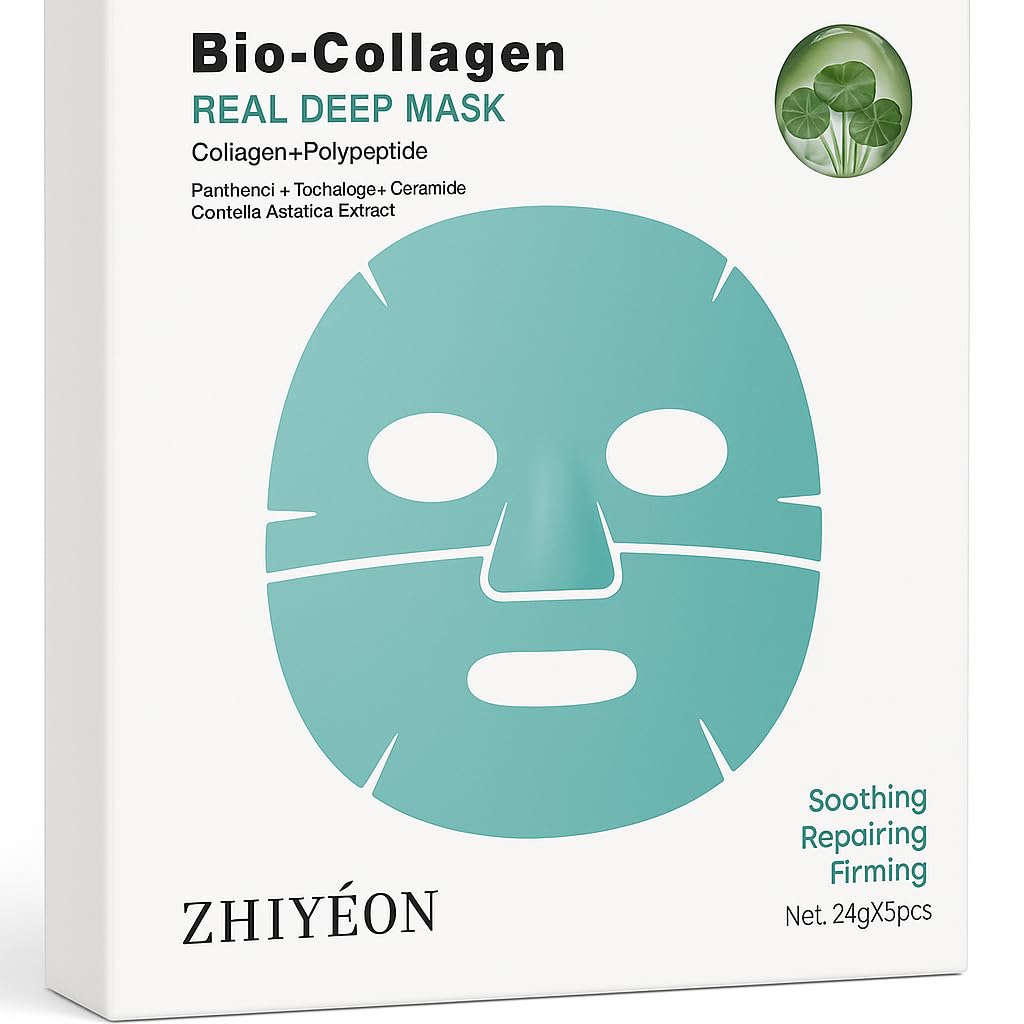 ZHIYEON Bio-Collagen Real Deep Mask, 24g Sheet Mask with Collagen, Polypeptide, Panthenol, Trehalose, Ceramide, Centella Asiatica Extract for Soothing, Repairing, Firming, Pack of 5