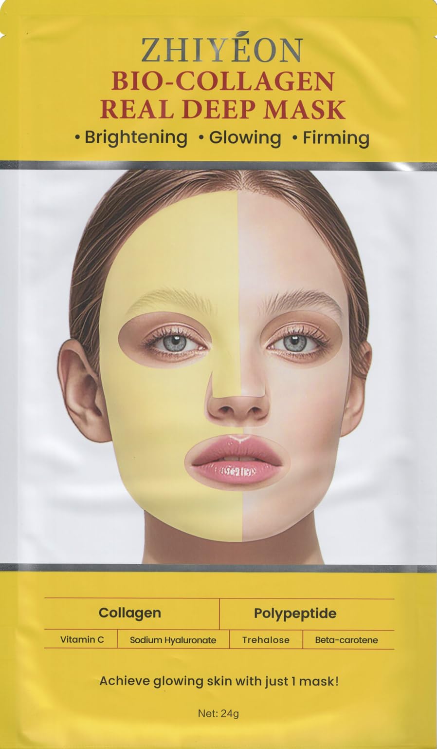 ZHIYEON Bio-Collagen Real Deep Mask, Brightening Hydrogel Face Treatment, 24g, With Vitamin C, Sodium Hyaluronate, Trehalose, Beta-Carotene, Pack of 5