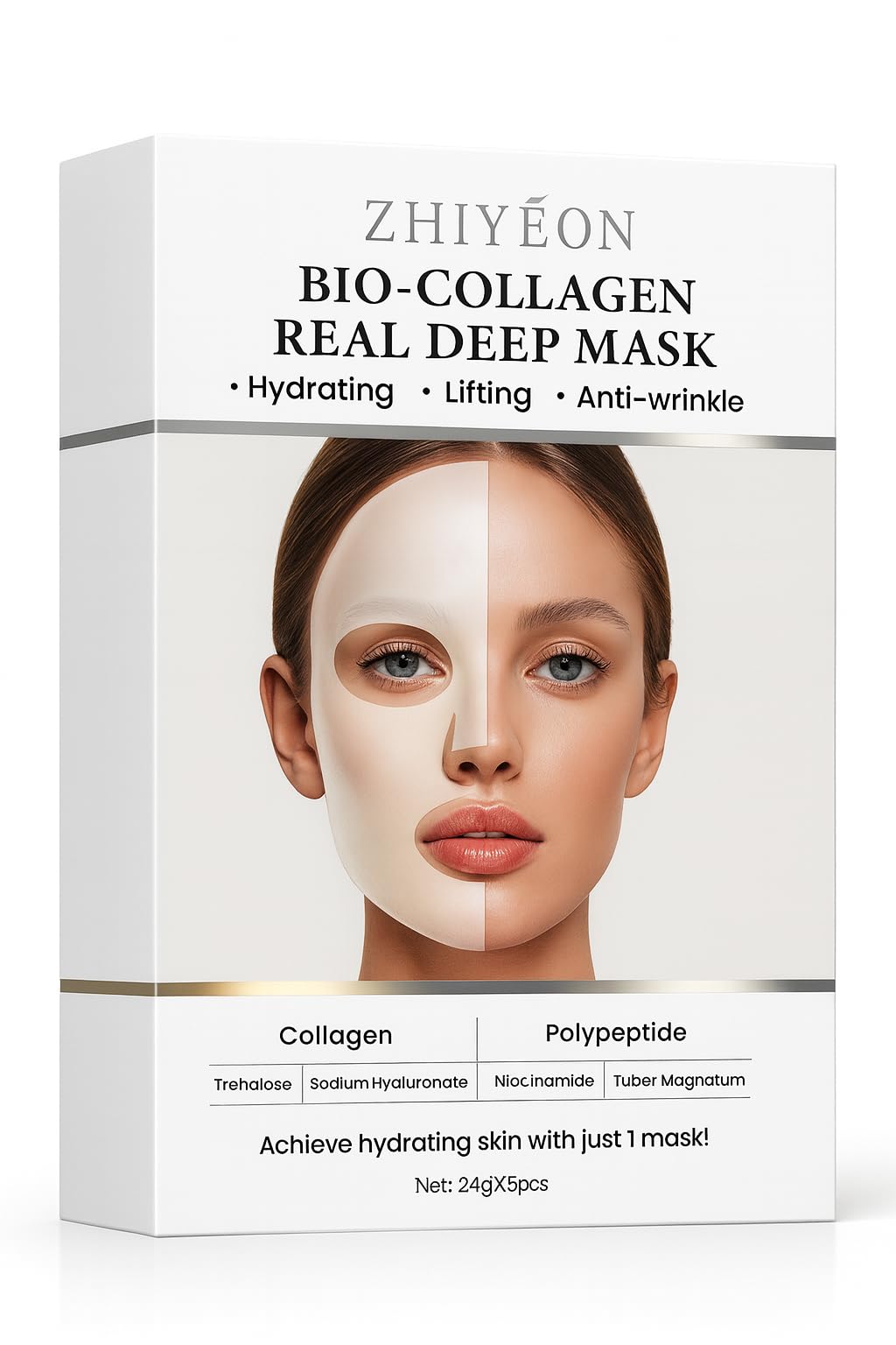 ZHIYEON Bio-Collagen Real Deep Mask, Hydrating Anti-Wrinkle Face Mask with Polypeptide, Trehalose, Sodium Hyaluronate, 24g, Pack of 5