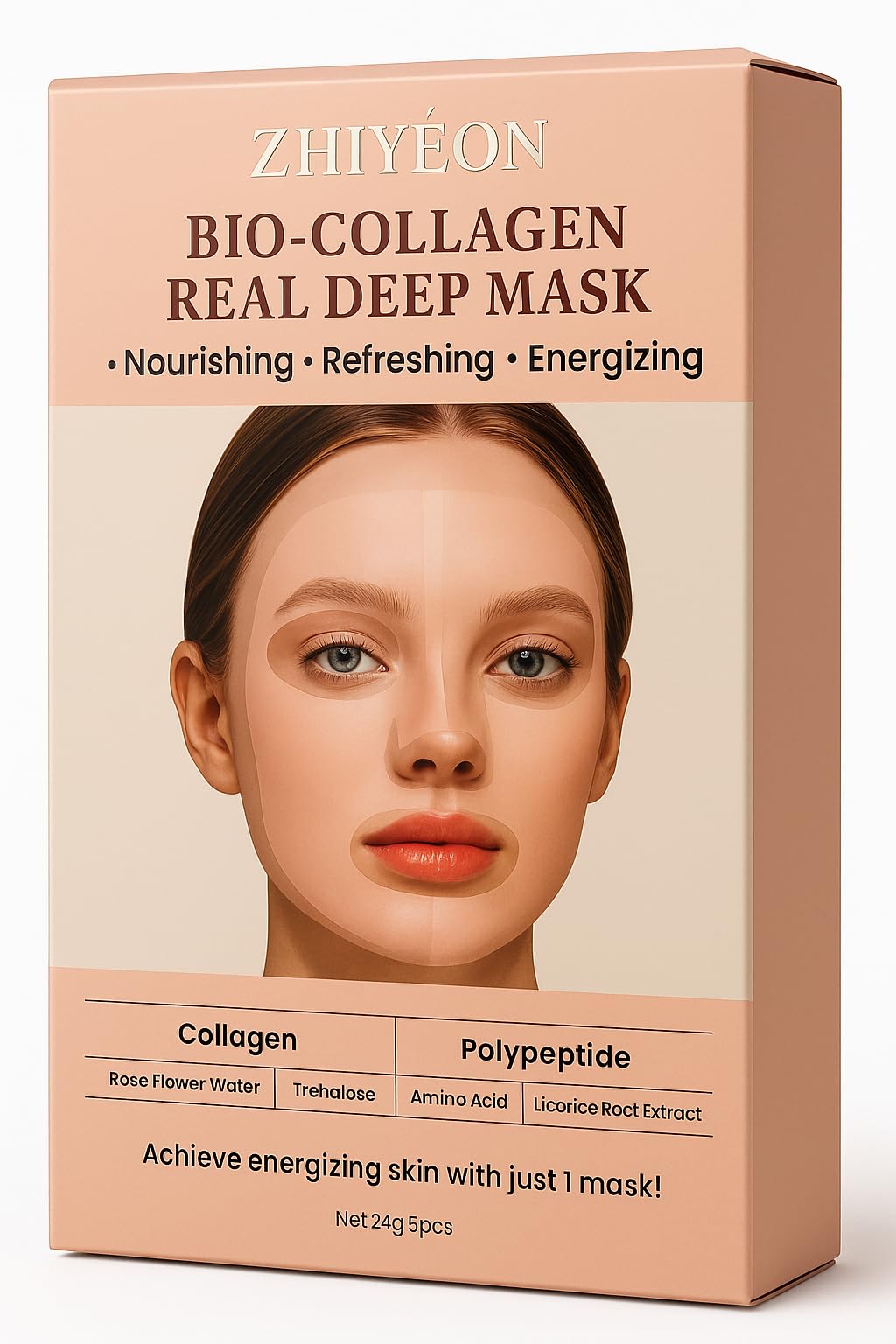 ZHIYEON Bio-Collagen Real Deep Mask, Hydrogel Face Mask with Rose Water and Peptides, Nourishing and Energizing, 24g, Pack of 5