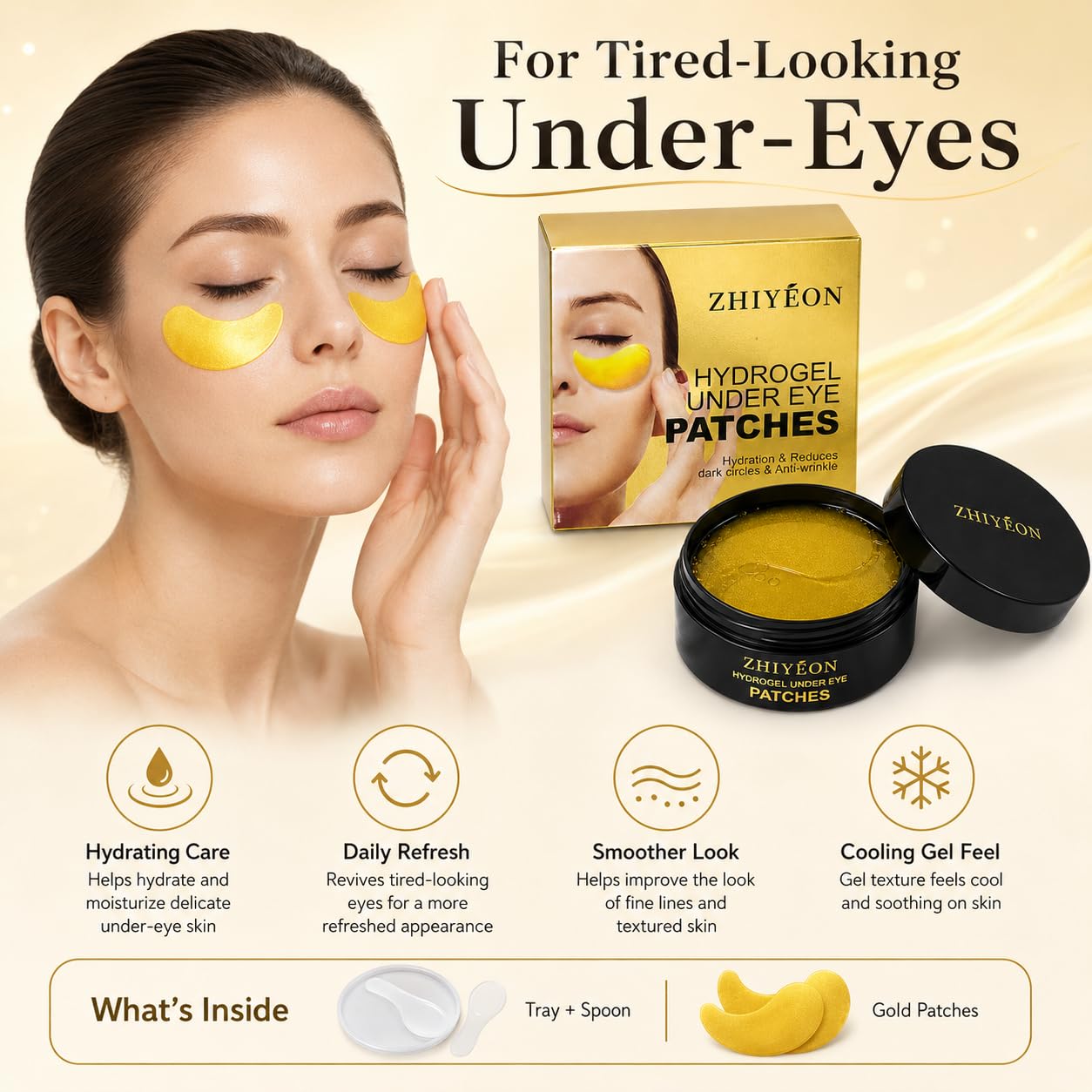 ZHIYEON Gold Hydrogel Under Eye Patches, 60 Count Eye Gel Pads with Collagen & Hyaluronic Acid for Puffy-Looking Eyes, Dark Circles, Fine Lines & Daily Eye Care for Women and Men