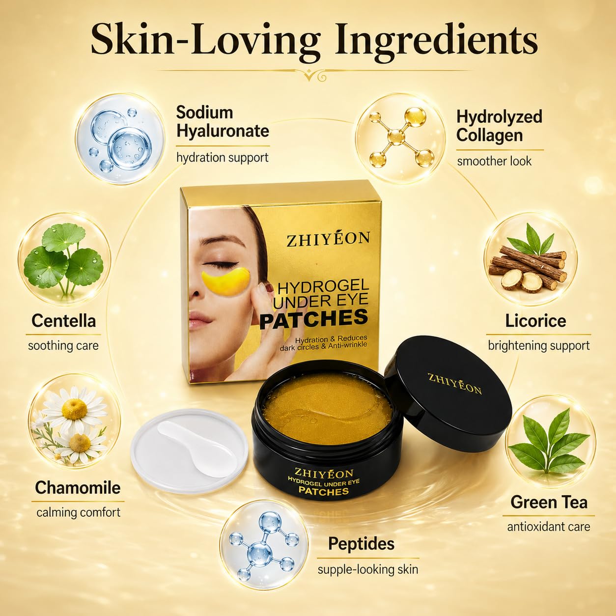 ZHIYEON Gold Hydrogel Under Eye Patches, 60 Count Eye Gel Pads with Collagen & Hyaluronic Acid for Puffy-Looking Eyes, Dark Circles, Fine Lines & Daily Eye Care for Women and Men