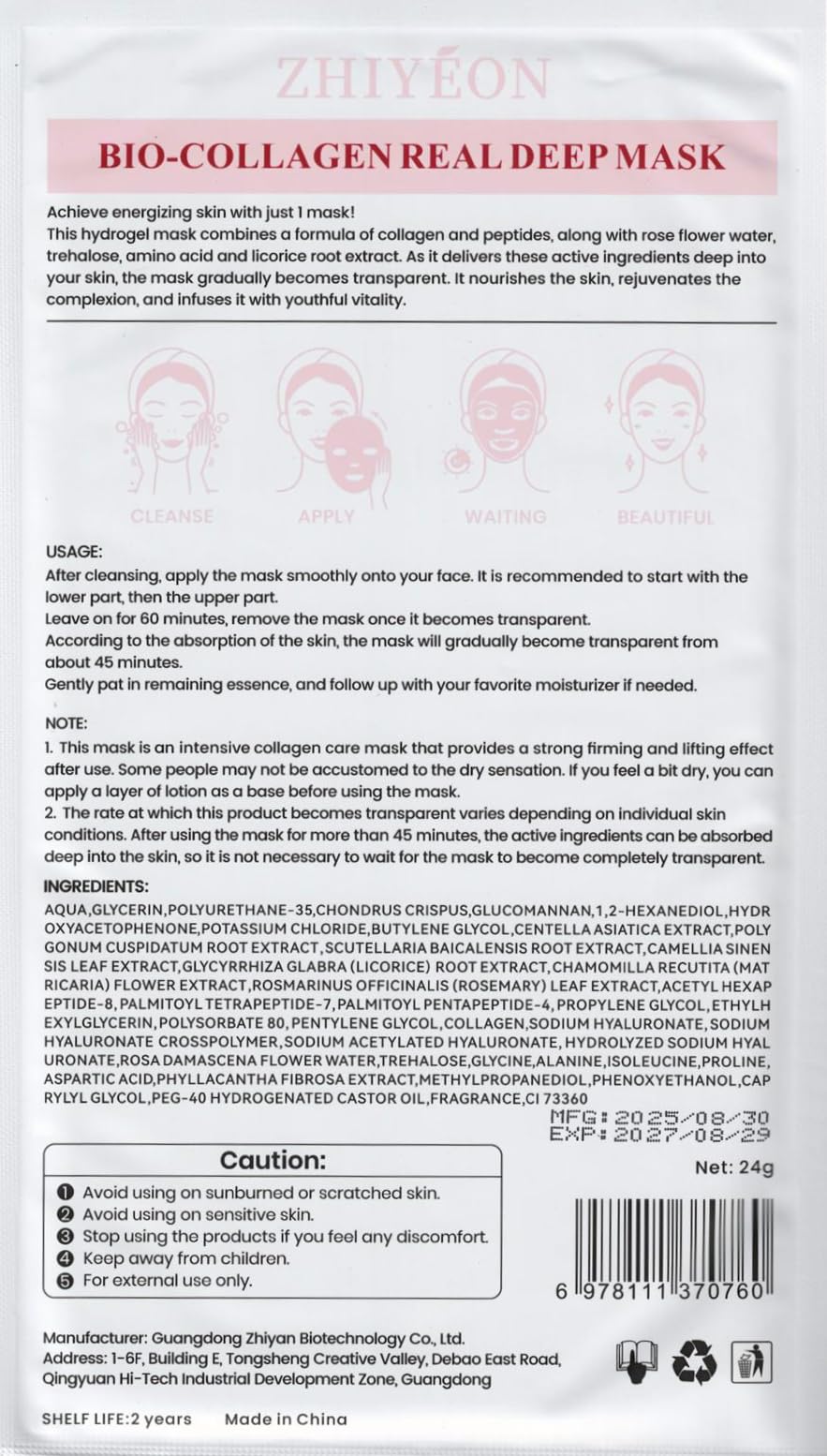 ZHIYEON Bio-Collagen Real Deep Mask, Hydrogel Face Mask with Rose Water and Peptides, Nourishing and Energizing, 24g, Pack of 5