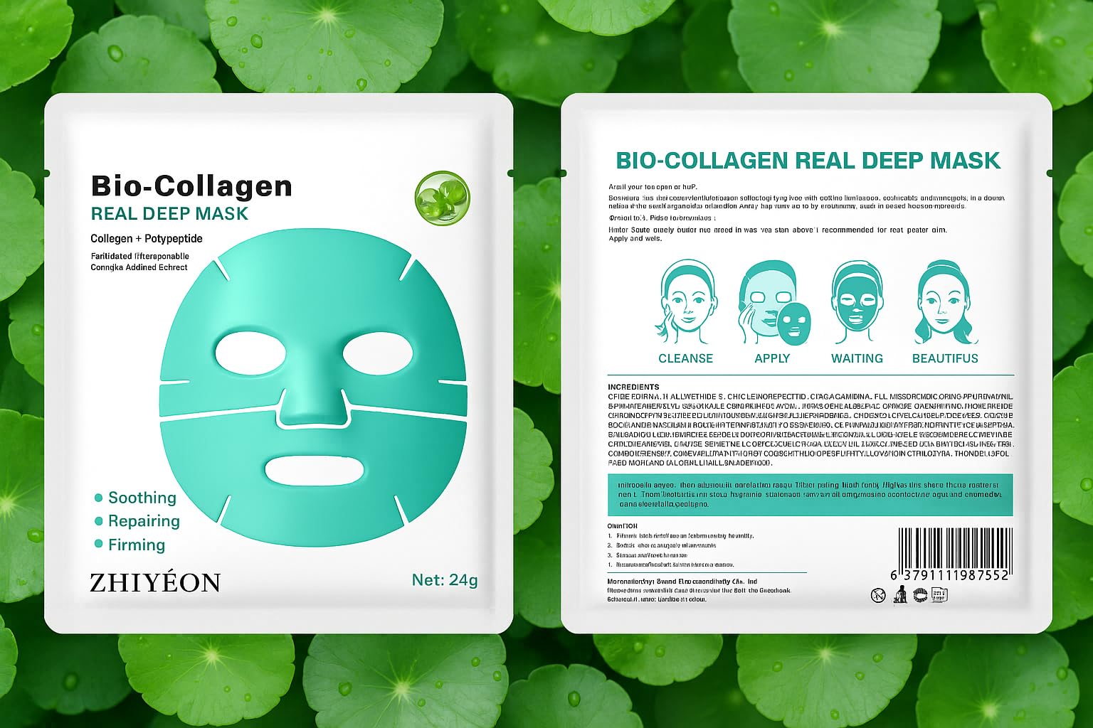 ZHIYEON Bio-Collagen Real Deep Mask, 24g Sheet Mask with Collagen, Polypeptide, Panthenol, Trehalose, Ceramide, Centella Asiatica Extract for Soothing, Repairing, Firming, Pack of 5