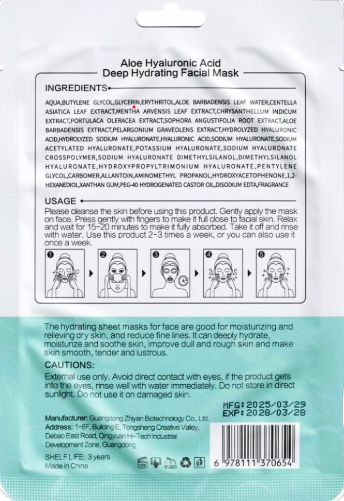 ZHIYEON Aloe Hyaluronic Acid Deep Hydrating Facial Mask, 30ml Sheet Mask with Aloe Vera, Peppermint, Centella Asiatica Extract for Moisturizing, Refreshing, Soothing Dry Skin, Pack of 5