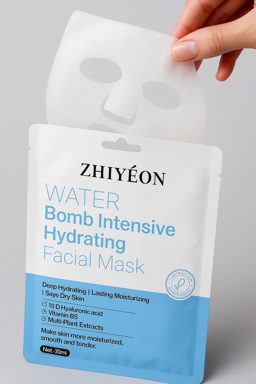 ZHIYEON Water Bomb Intensive Hydrating Facial Mask, Deep Moisturizing Sheet Mask with Hyaluronic Acid, Plant Extracts, 30ml, 5-Pack